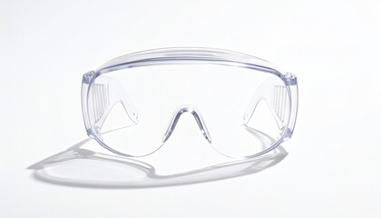 Clear protective goggles on white background, with shadow