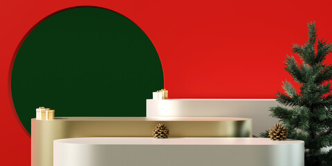 Modern christmas product display podium in red green and gold with pine tree. 3D rendering