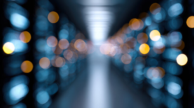 Data center inside with blurred lights creating bokeh effect in center aisle of server room
