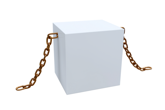 White cube with gold chain stock photo for product display and presentation on transparent background