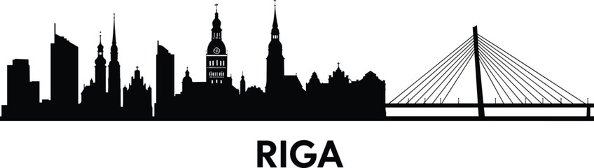 Riga city skyline silhouette with famous buildings and bridge vector illustration for travel, architecture, tourism, and Latvia city art