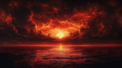 dramatic fiery sunset over a dark ocean with intense red and orange clouds reflecting on the water surface creating a powerful and mesmerizing atmosphere