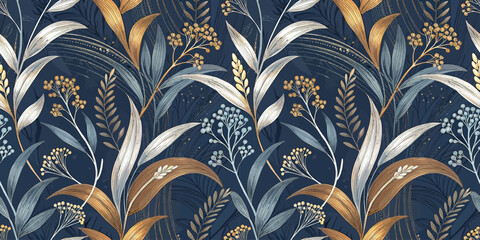 Elegant floral pattern featuring gold and silver leaves on a deep blue background.