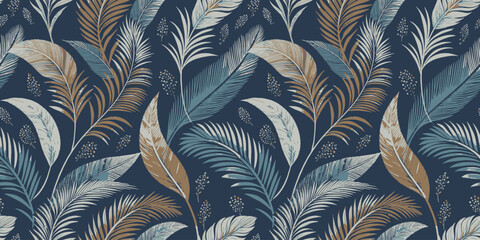 Elegant tropical foliage pattern featuring blue and gold leaves on a dark navy background.