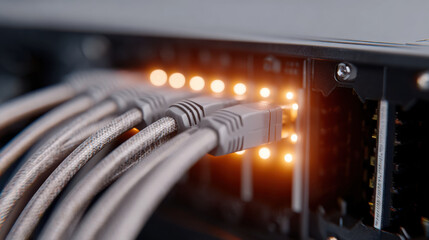 Network cable connected inside data center with glowing lights showing active connection