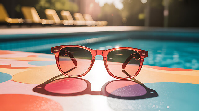 Red Sunglasses by a Swimming Pool on a Sunny Day eyewear accessory