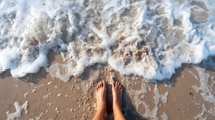 Person standing with bare feet where ocean surf washes onto sandy shore
