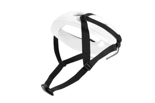 White medical face shield with black straps for healthcare professionals on transparent background
