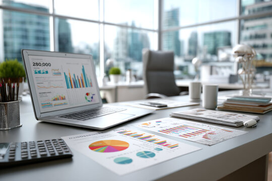 Data analysis information on a laptop screen and notebooks on a desk. business charts and statistical data. Professional analyzing financial data graphs, charts on laptop display at a modern workspace