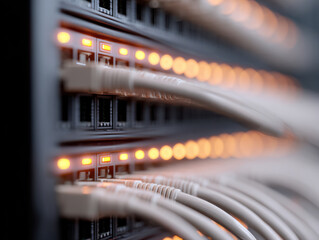 Network cable connected inside data center with glowing orange lights showing active connection