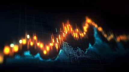 Glowing digital candlestick chart displays fluctuating market trends against a dark grid background