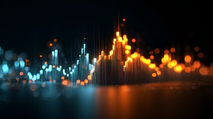 Glowing digital bars form an abstract fluctuating wave pattern against a dark background