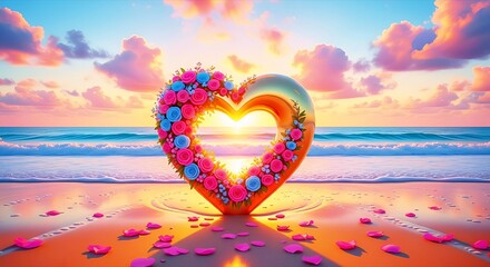 Golden Heart Frame with Pink and Blue Roses at Sunset Beach