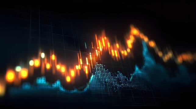 Glowing digital candlestick chart displays fluctuating market trends against a dark grid background