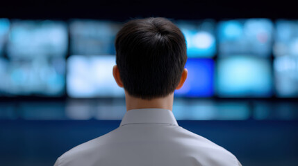 Man inside data center monitors multiple screens showing digital information and security alerts