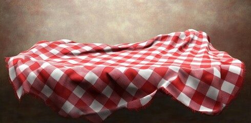 Red and white checkered cloth floating and gently draped against a neutral background, creating soft waves and shadows with a textured fabric appearance