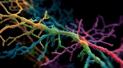 Colorful neural network branches connect and communicate in abstract science.