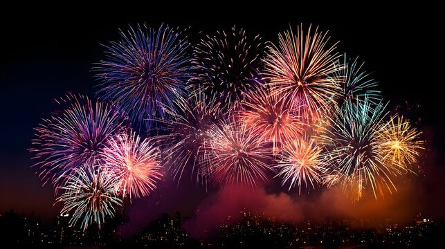 Brilliant multicolored pyrotechnics burst across a dark evening sky above a city silhouette