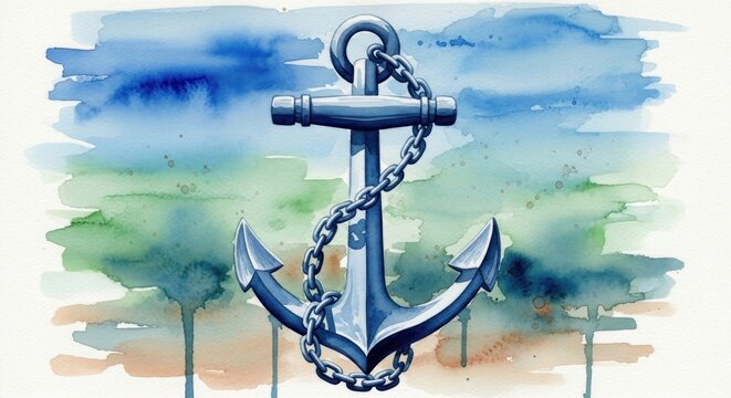 Watercolor anchor with chain, against a blended blue, green, brown background