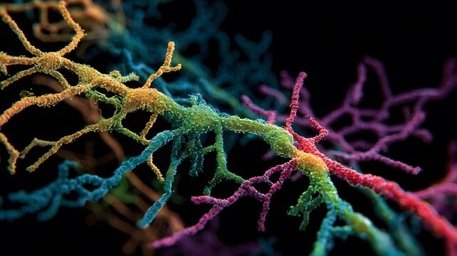 Colorful neural network branches connect and communicate in abstract science.