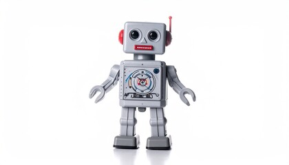 Toy robot with antenna, buttons, gray finish, on white