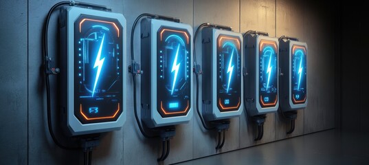 Row of five futuristic electric charging stations mounted on a concrete wall glowing with blue and orange light in a dimly lit room