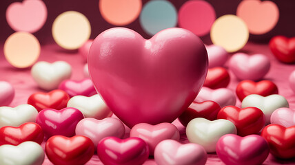 Obraz premium Assortment of pink, red, and white heart-shaped candies with bokeh lights hearts candy