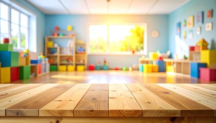 Empty Wooden Table in Sunny Kindergarten Classroom with Toys