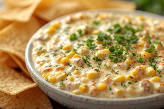 bowl of mexican street corn dip served with tortilla chips