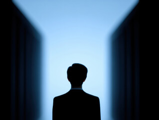 Silhouette of man standing inside data center corridor with tall server racks on both sides under blue light