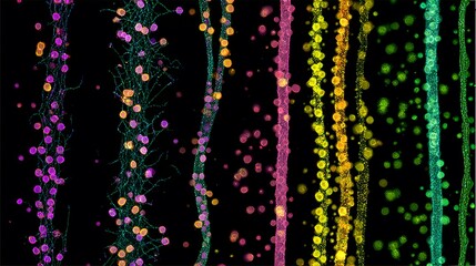 Colorful strands with spherical elements cascade against a dark background.