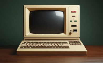 Front view of a vintage beige personal computer with CRT monitor and keyboard on wooden surface against plain dark green background