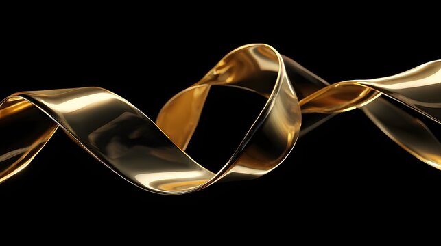 Lustrous golden ribbon twists dynamically across a solid black background