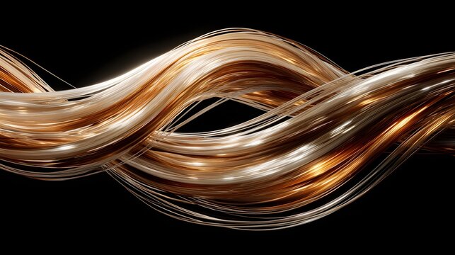 Luminescent strands of golden and pale material twist across a dark background