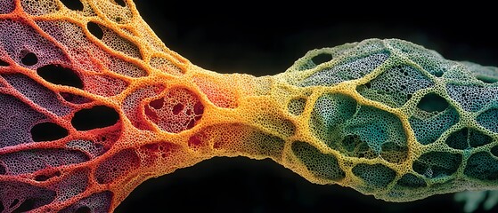 Intricate organic structure exhibits colorful cellular network patterns.