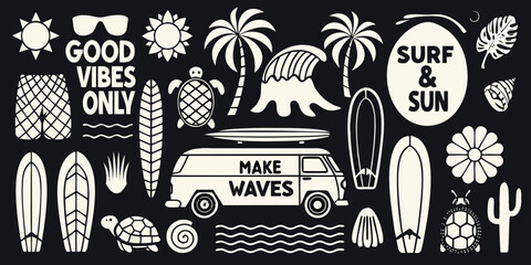 Retro surf van and beach elements collection with good vibes only and surf and sun text © Dibyendu