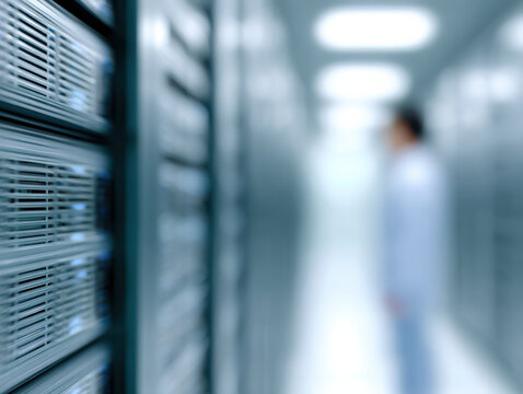 Blurred data center interior with server racks inside and person walking in corridor with cool blue lighting - Powered by Adobe