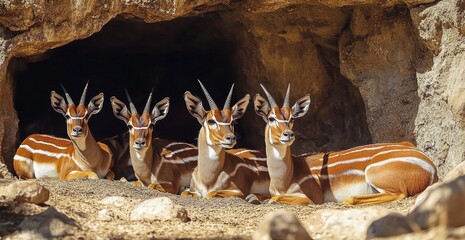 Four antelopes with striking striped coats resting together at the entrance of a rocky cave under bright sunlight