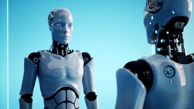 Two robots discussing futuristic technology artificial intelligence concept