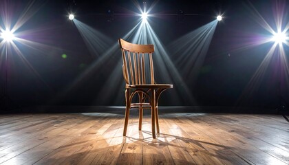 Wooden chair on illuminated stage with spotlights, casting a shadow