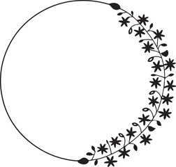 Fototapeta premium Black and White Floral Circular Frame Silhouette - Vector Round Border with Flowers and Leaves, Decorative Element, Monogram Template, Simple Design
