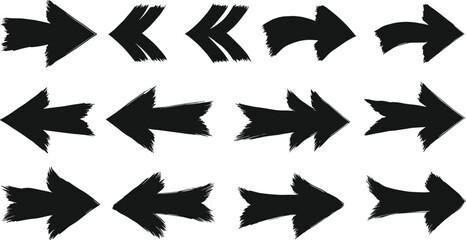 Creative grunge brush arrow set collection black hand drawn direction symbols vector illustration for design elements and navigation decoration isolated