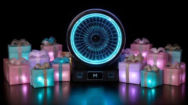 Glowing futuristic device illuminates an arrangement of illuminated gift boxes on a dark surface