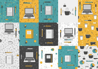 Seamless pattern featuring office supplies like laptops notebooks and writing utensils
