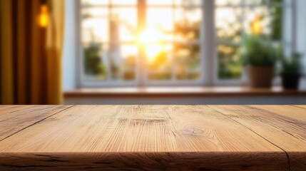 Empty wooden table surface with a warm glowing sunrise or sunset visible through a blurred window in the background