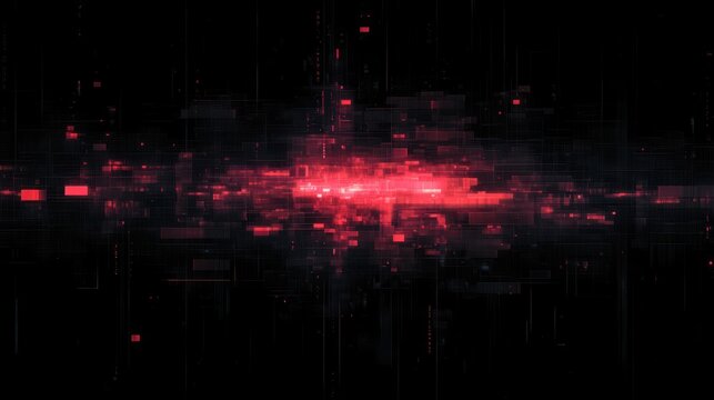 Abstract digital visualization with glowing red rectangular pixels and grid-like patterns on a dark background creating a futuristic and high-tech atmosphere