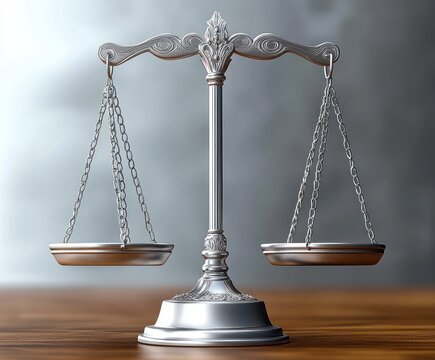 Silver balance scale with two empty pans on wooden surface and blurred gray background symbolizing fairness and justice - Powered by Adobe