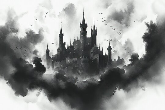 dark gothic castle with tall spires emerging from swirling black and gray clouds under a gloomy sky filled with flying birds