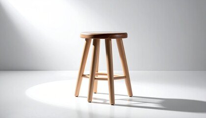 Wood stool w/round seat; three legs under spotlight