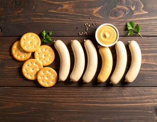 Sausages & crackers on wood